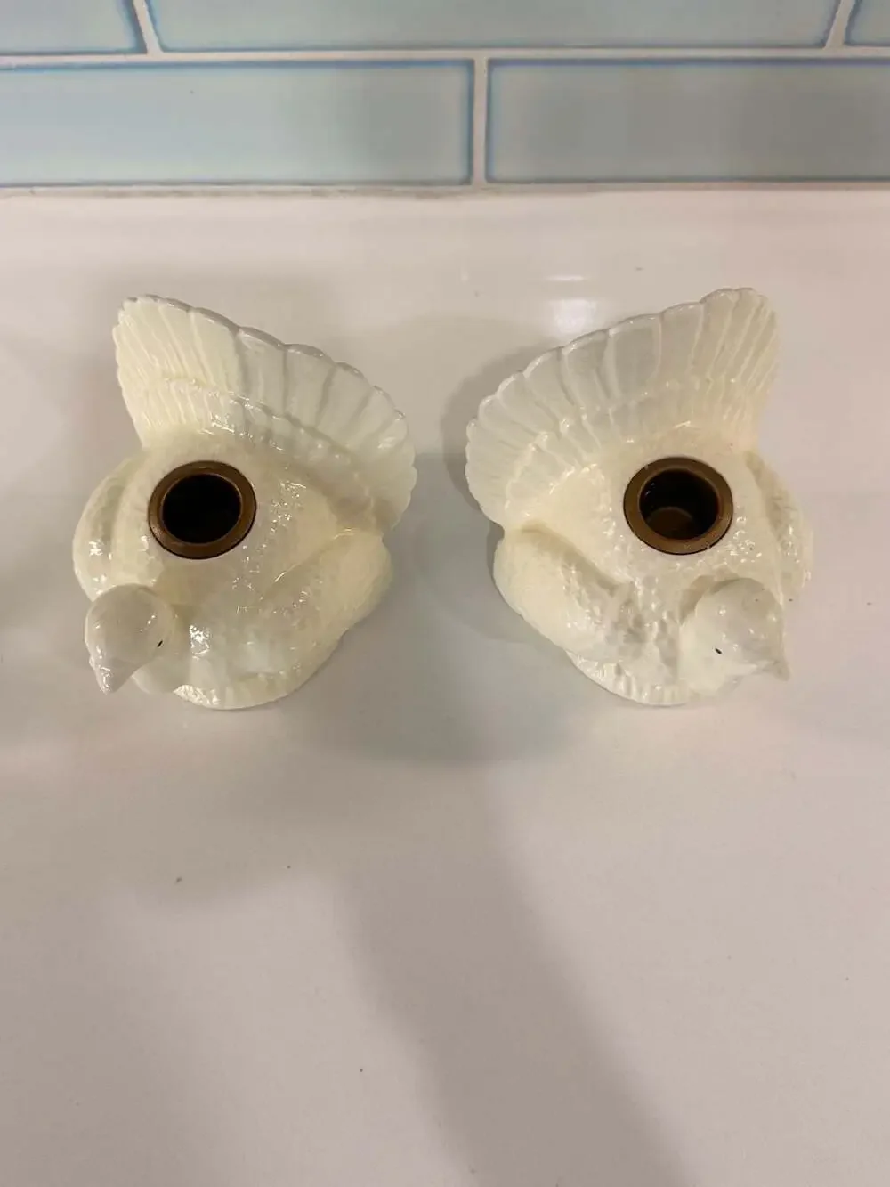 Pair of Vintage Cream Ceramic Thanksgiving Turkey Taper Candle Holders